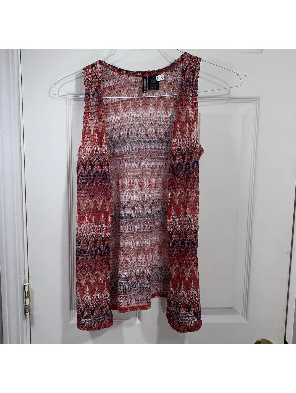 Miss Understood Vest Womens Large Red Blue Ikat Knit Open Front Sleeveless